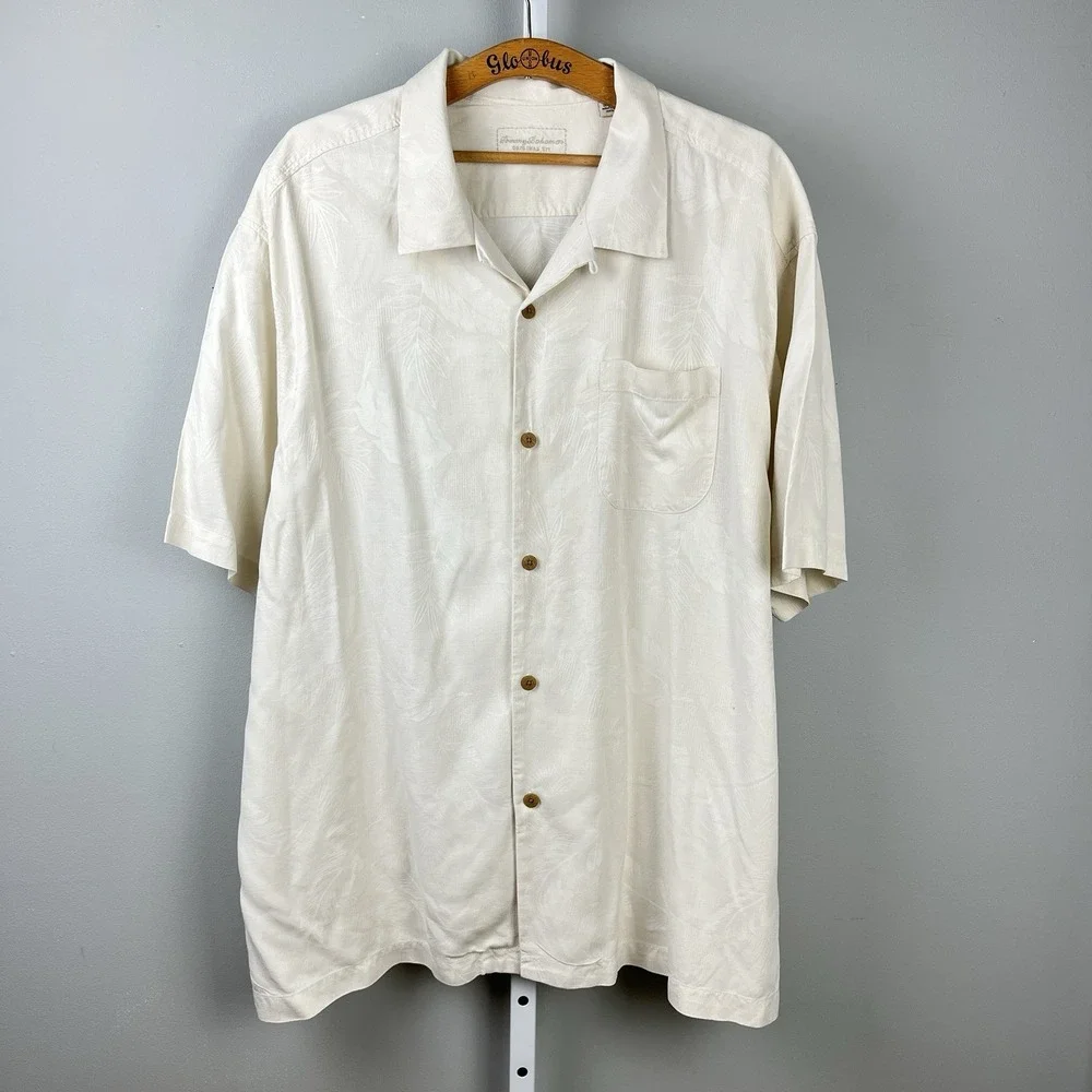 Tommy Bahama Silk Shirt Mens 3XL Ivory Jacquard Leaf Feather Short Sleeve